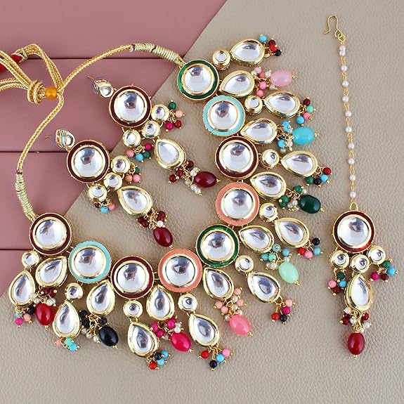 Tehzeeb Creations Back Meenakari Gold-Polished Tika Earring Combo Uncut Big Faux Kundan Choker Necklace set | Grocsy