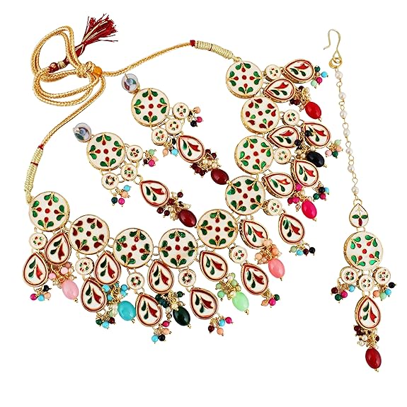 Tehzeeb Creations Back Meenakari Gold-Polished Tika Earring Combo Uncut Big Faux Kundan Choker Necklace set | Grocsy