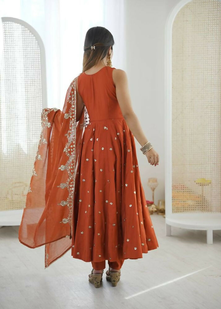 Teeya Creation Orange Color Roman Silk Embroidery Work Party Wear Gown | Grocsy