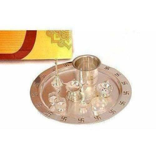 Silver Plated OM Pooja Thali 1 Set 8 Pcs | Grocsy