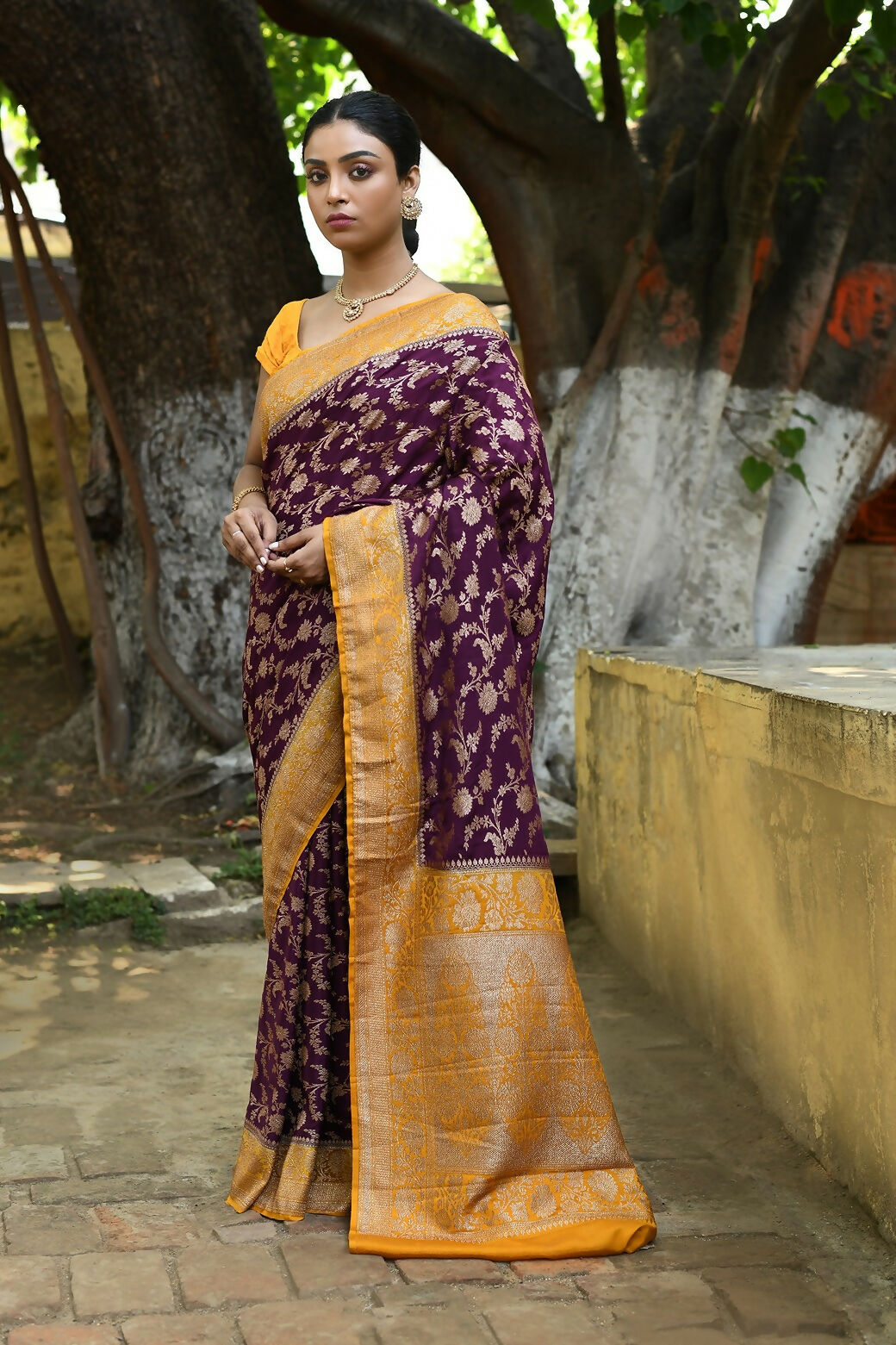 Joban Fashion Purple Crepe Chiffon Pure Handloom Banarasi Silk Saree | Grocsy
