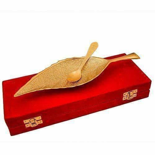 Brass Decorative Gold-Polished Leaf Platter with Spoon | Grocsy