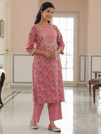 Aramya Straight Soft Cotton Floral Print Women's Kurta Set - Pink | Grocsy
