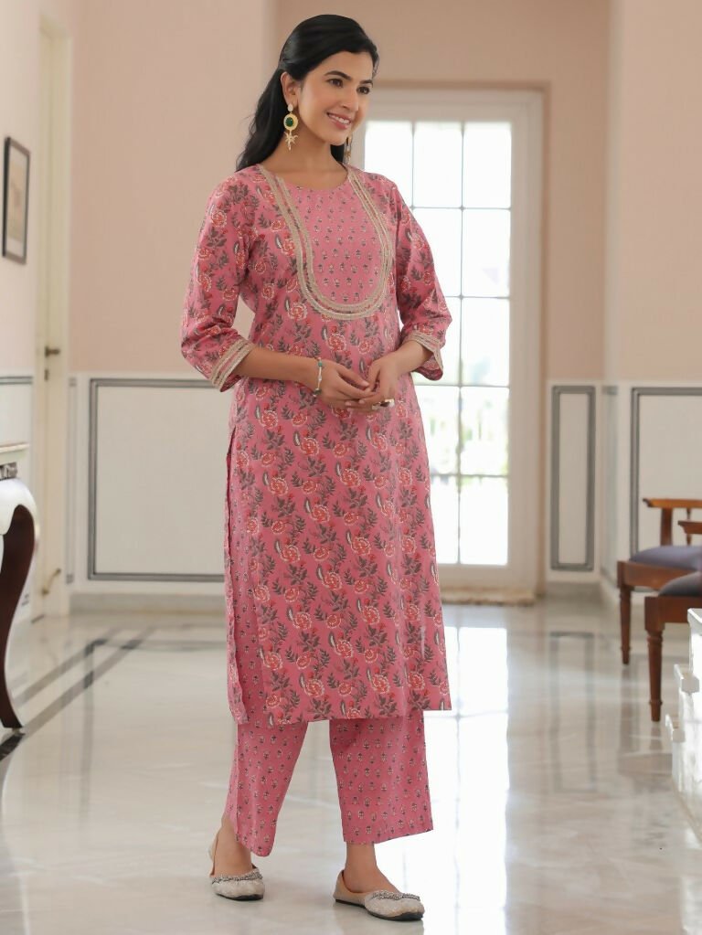 Aramya Straight Soft Cotton Floral Print Women's Kurta Set - Pink | Grocsy