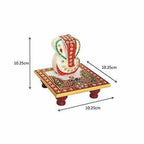 Marble Enamel Painted Ganesha Placed on Chowki (10.2 cm x 10.2 cm x 10.2 cm) | Grocsy