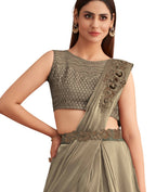 Green Satin Embroidered Ready To Wear Saree With Unstitched Blouse Piece - Nandika | Grocsy