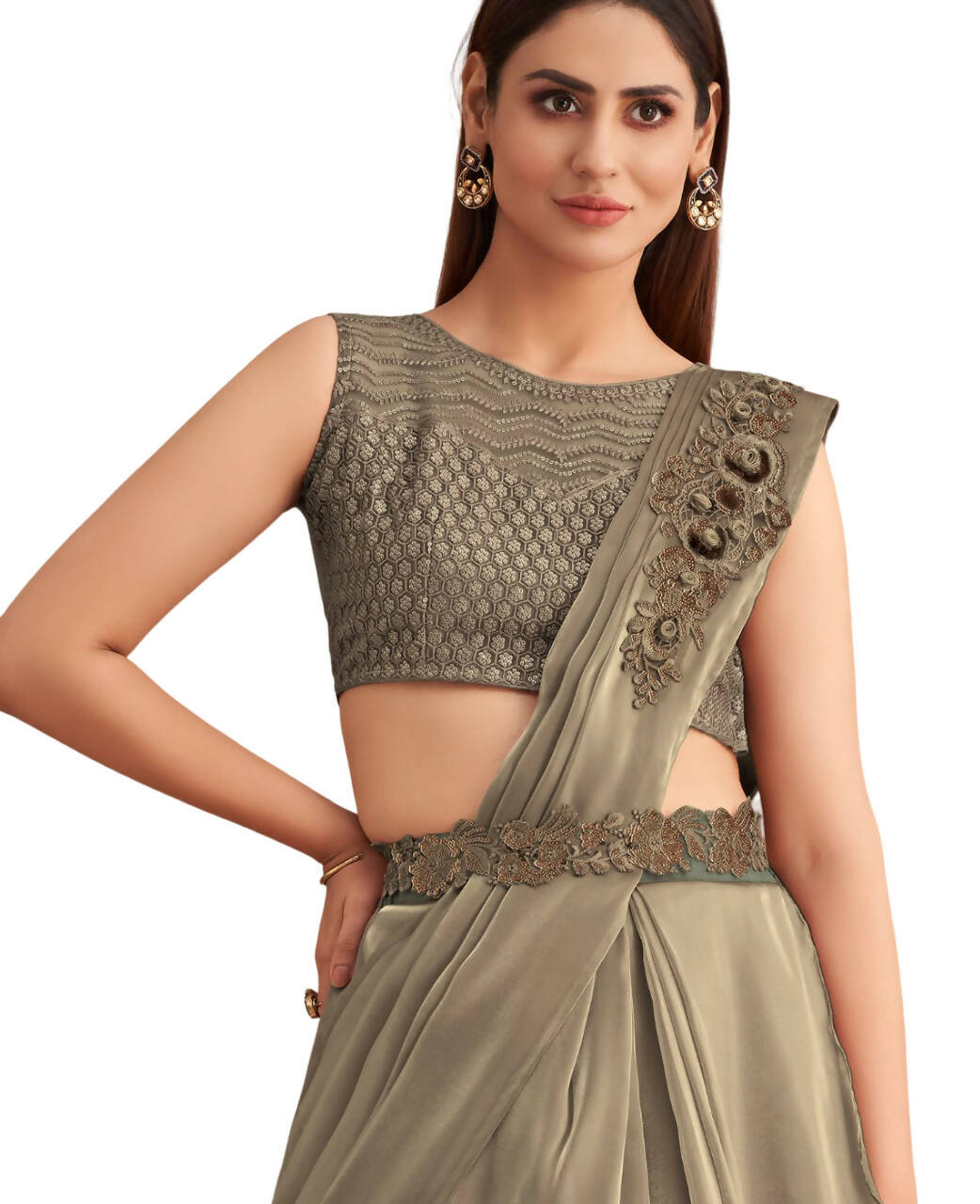 Green Satin Embroidered Ready To Wear Saree With Unstitched Blouse Piece - Nandika | Grocsy