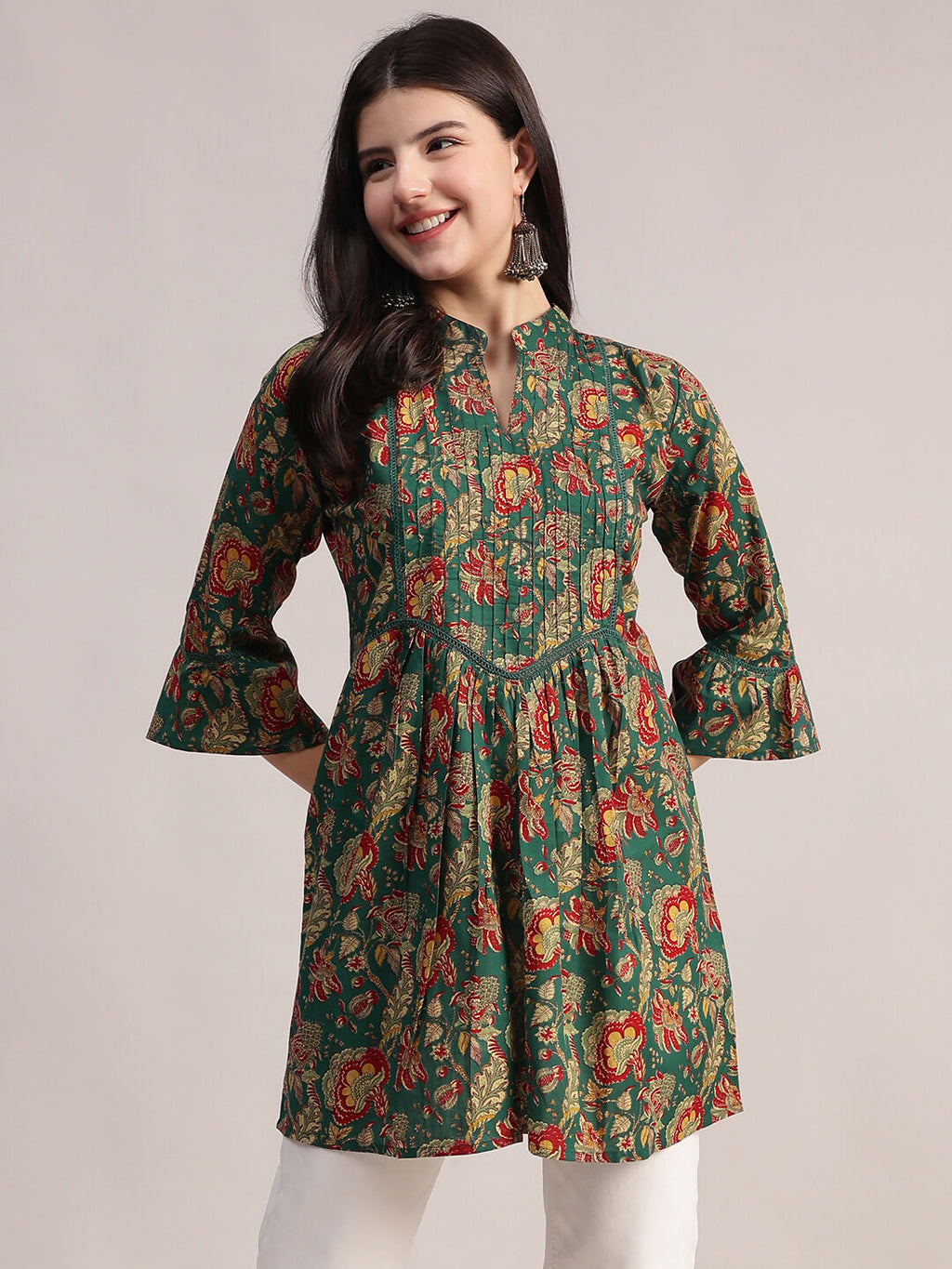 Aavyora Women's Ethnic Floral Printed Tunic - Green with Red & Gold Accents, Pin-Tucked Front, and Flared Hem | Grocsy