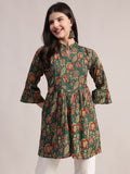 Aavyora Women's Ethnic Floral Printed Tunic - Green with Red & Gold Accents, Pin-Tucked Front, and Flared Hem | Grocsy