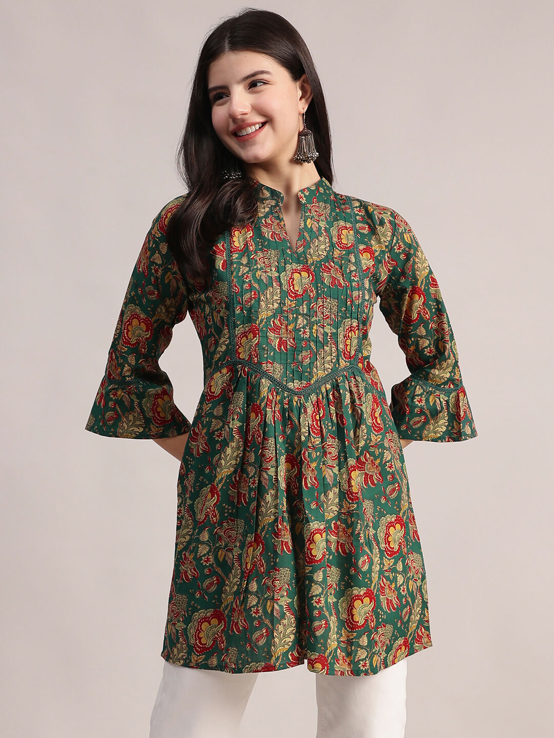 Aavyora Women's Ethnic Floral Printed Tunic - Green with Red & Gold Accents, Pin-Tucked Front, and Flared Hem | Grocsy