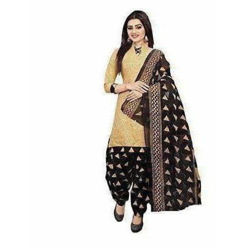 Beige Cotton Printed Unstitched Dress Material | Grocsy