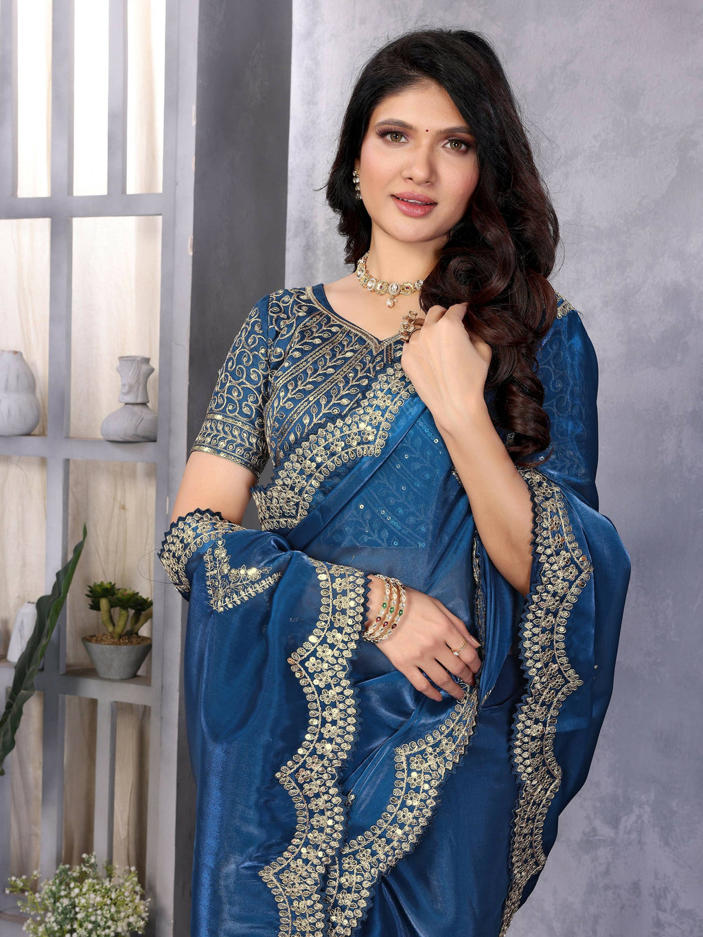 Vastranavya Blue Embroidery Work Shimmer Chiffon Saree with Unstitched Blouse | Grocsy