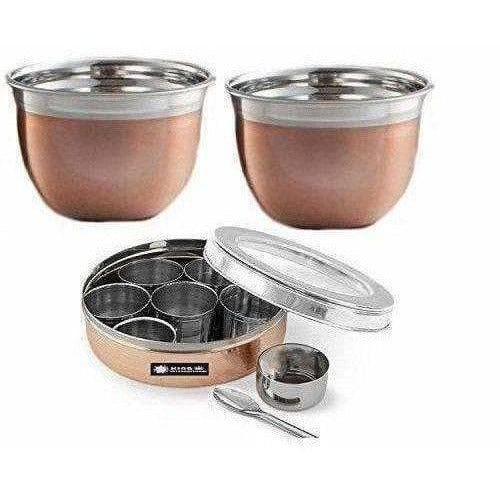 Stainless Steel and Copper Silver Spice Box and German Bowl Set of 3 | Grocsy