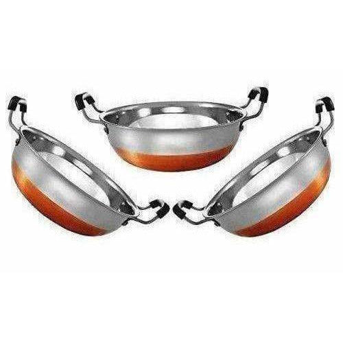 Stainless Steel Copper Bottom Kadhai with Handle - Set of 3 Pieces | Grocsy