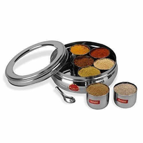 Stainless Steel Belly Shape Spice Box with See Through Lid with 7 Containers and Small Spoon | Grocsy