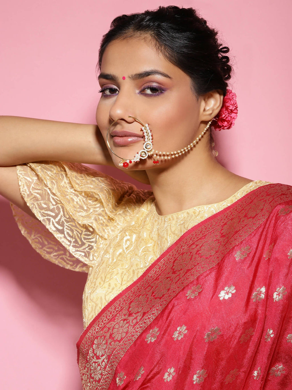 Gold-Polished White Red Kundan Studded Beaded Chained Nose Ring - Ruby Raang | Grocsy