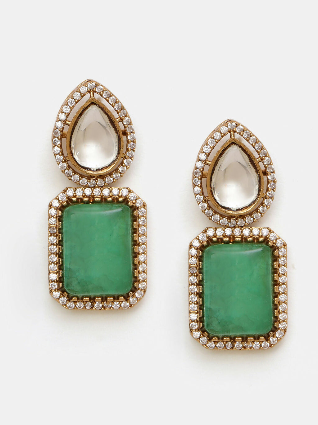 Ruby Raang 22k Gold Polished Green Stone And Moissanite Necklace With Matching Earrings | Grocsy