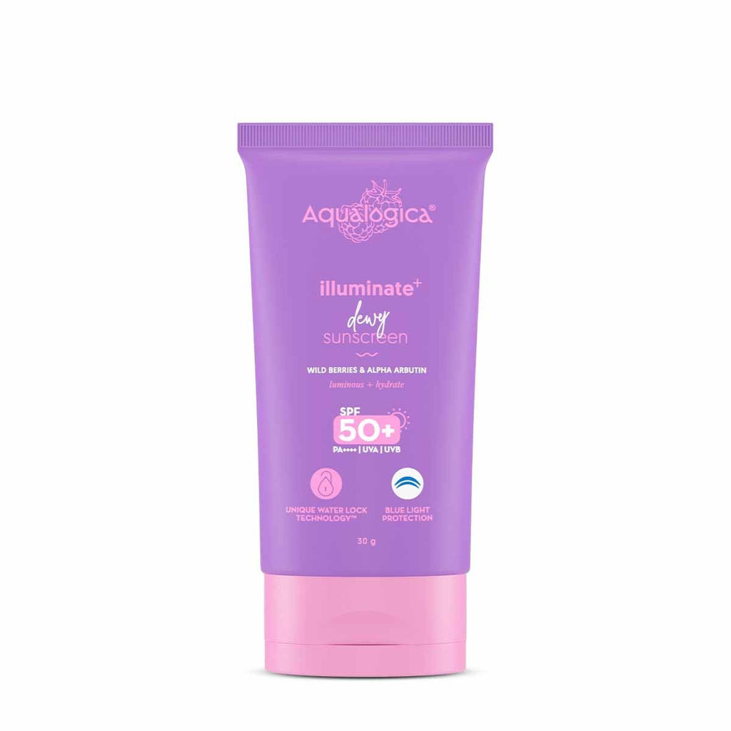 Aqualogica Illuminate+ Dewy Sunscreen SPF 50+ PA++++ with Wild Berries & Alpha Arbutin, Protection Against Uva/B & Blue Light Protection | Grocsy