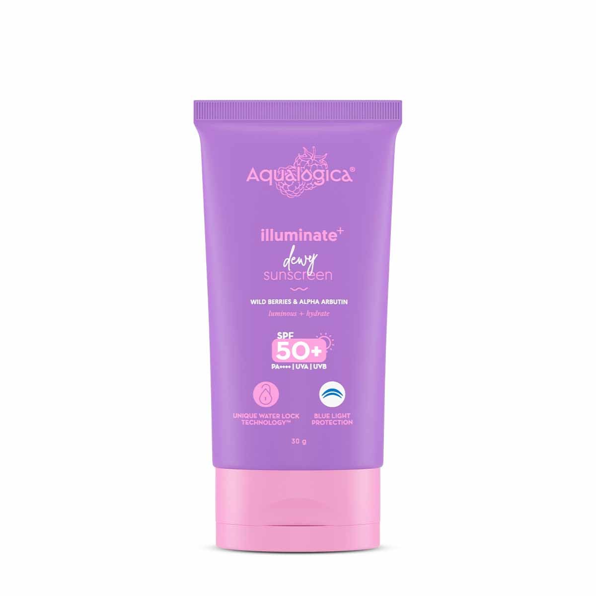Aqualogica Illuminate+ Dewy Sunscreen SPF 50+ PA++++ with Wild Berries & Alpha Arbutin, Protection Against Uva/B & Blue Light Protection | Grocsy