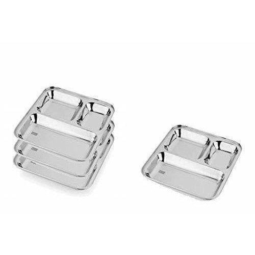 Stainless Steel 3 in 1 Plate with 3 Compartment - Set of 4 | Grocsy