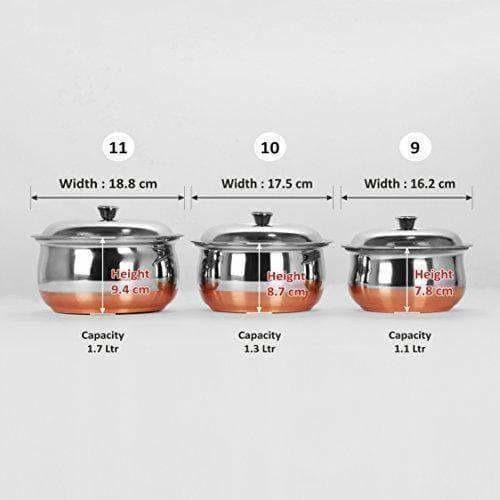 Stainless Steel Copper Bottom Multipurpose Cook & Serve Handi With Lid - Set of 3 | Grocsy