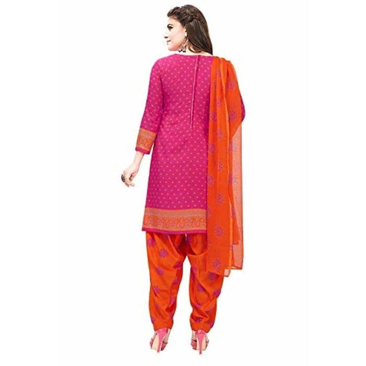 Synthetic Pink & Orange Printed Unstitched Salwar Suits Dress Material with Dupatta | Grocsy