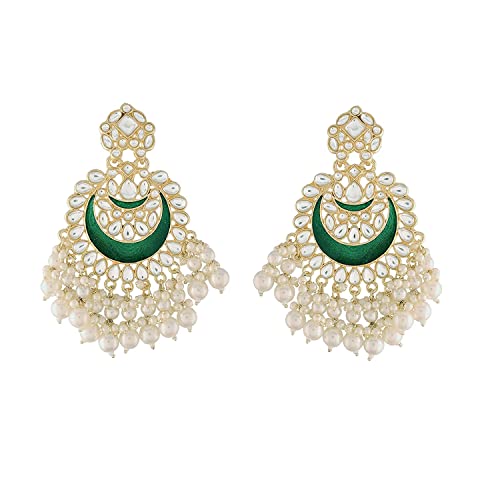 Womens Gold-Polished Intricately Designed Traditional Meenakari Chandbali Earrings Glided With Kundans & Pearls - Wahe Jewels - Swadesiicart