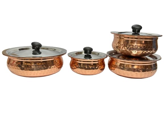 Dynore Stainless Steel Copper Plated Hammered Finish Handi Set with SS lid- Set of 4 | Grocsy