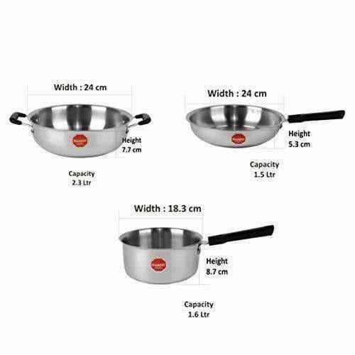 Stainless Steel Induction Cookware  Sauce Pan +Kadhai + Fry Pan - Set of 3 | Grocsy