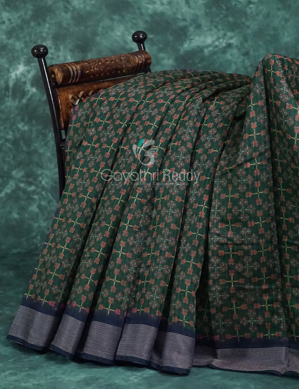 Dark Green and Navy Blue Geometrical Print Semi Chanderi Saree By Gayathri Reddy Designer Studio | Grocsy