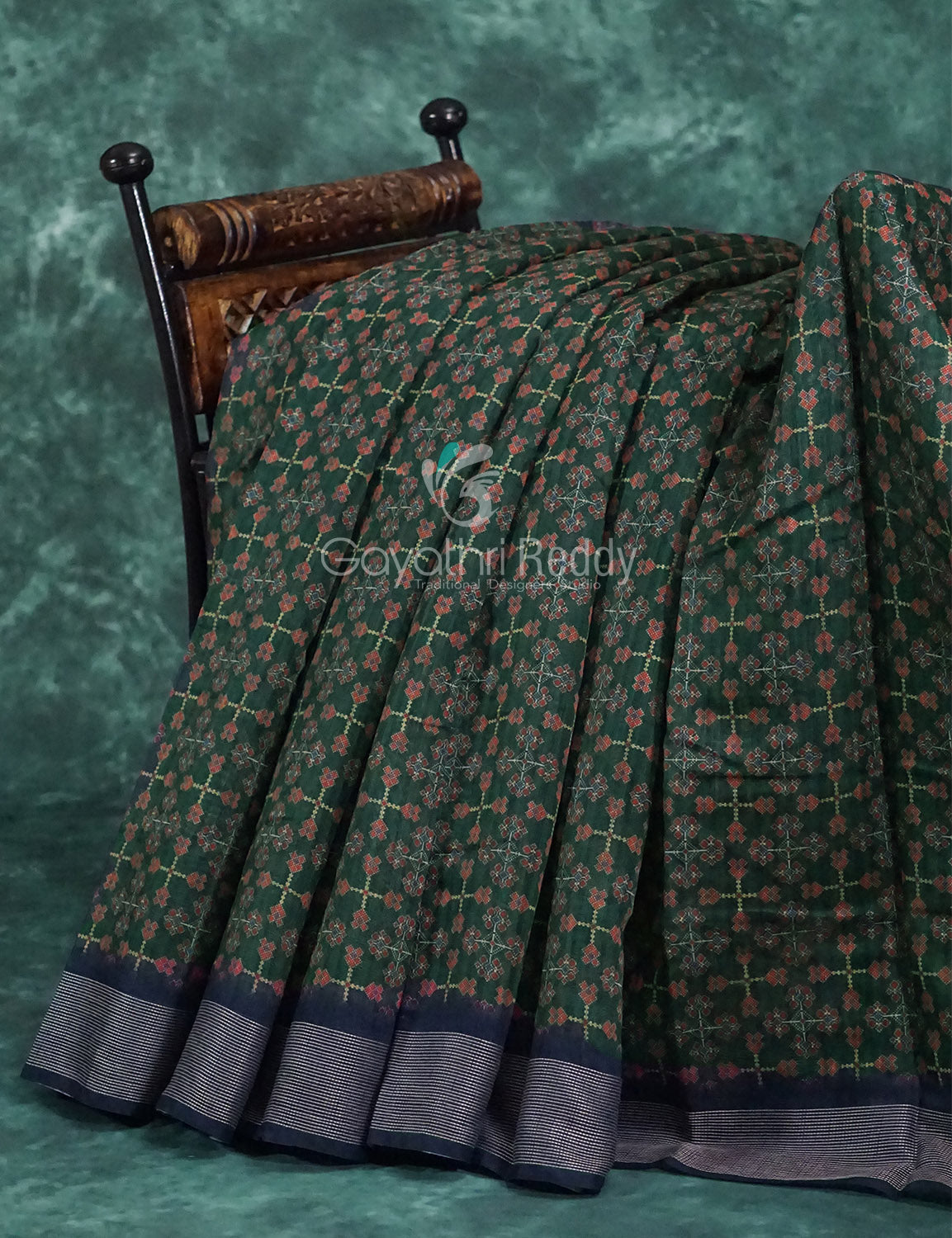 Dark Green and Navy Blue Geometrical Print Semi Chanderi Saree By Gayathri Reddy Designer Studio | Grocsy