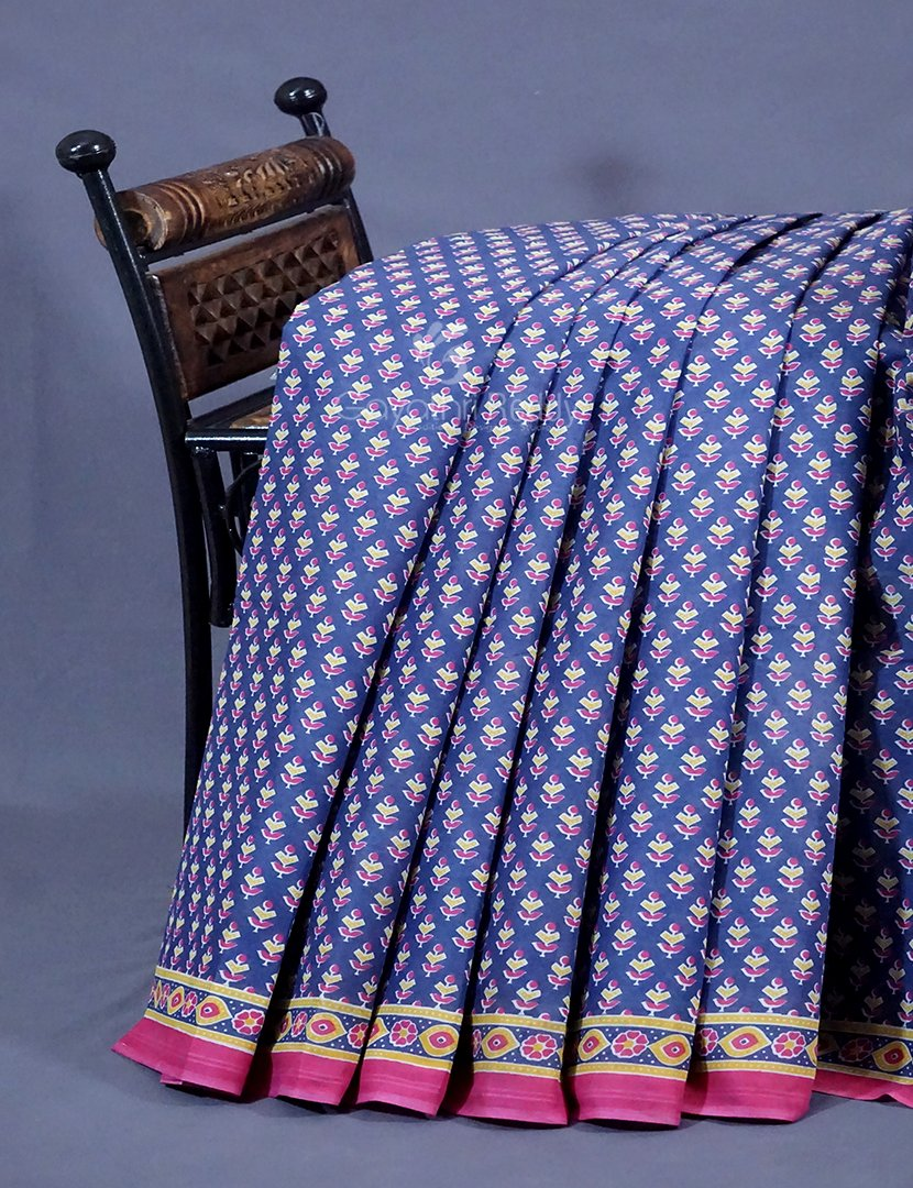 Denim Blue Colour Block Print Pure Mulmul Cotton Saree By Gayathri Reddy Designer Studio | Grocsy