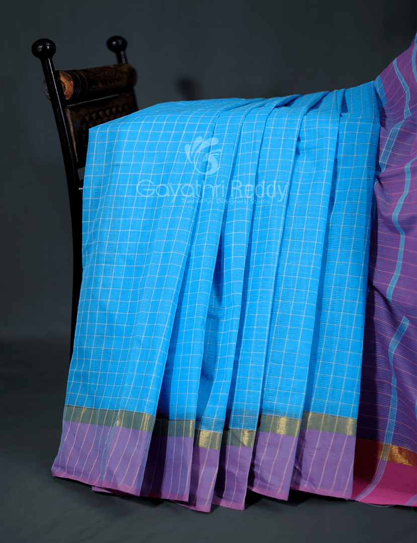 Sky Blue Coloured With Checks Pure Mangalgiri Cotton Saree By Gayathri Reddy Designer Studio | Grocsy