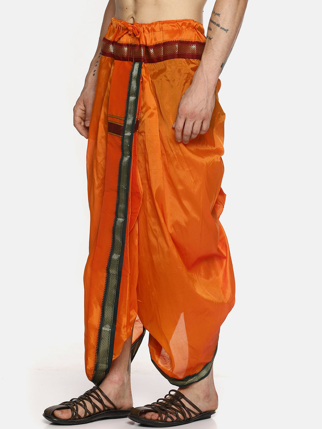Sethukrishna Men Orange Solid Readymade Dhoti Pants With Angavastram | Grocsy
