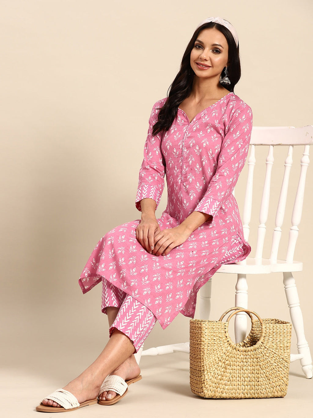 Sangria Women Floral Printed Regular Pure Cotton Kurta with Trousers | Grocsy