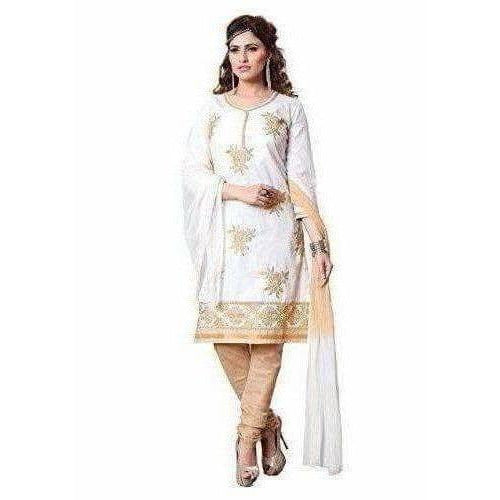 Cotton Embroidered Unstitched Salwar Suit - White | Grocsy