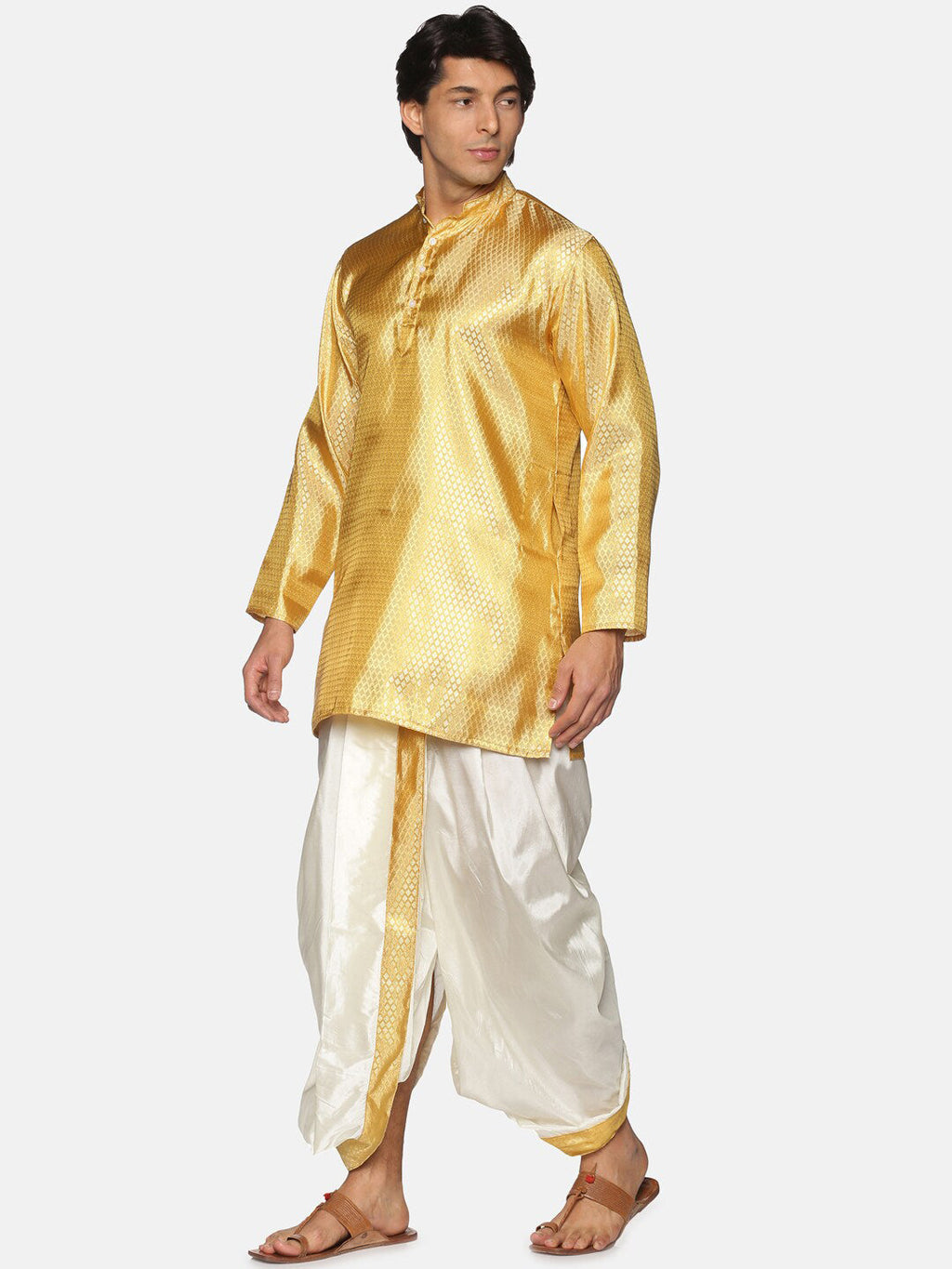 Sethukrishna Men Gold-Toned & White Kurta with Dhoti Pants | Grocsy