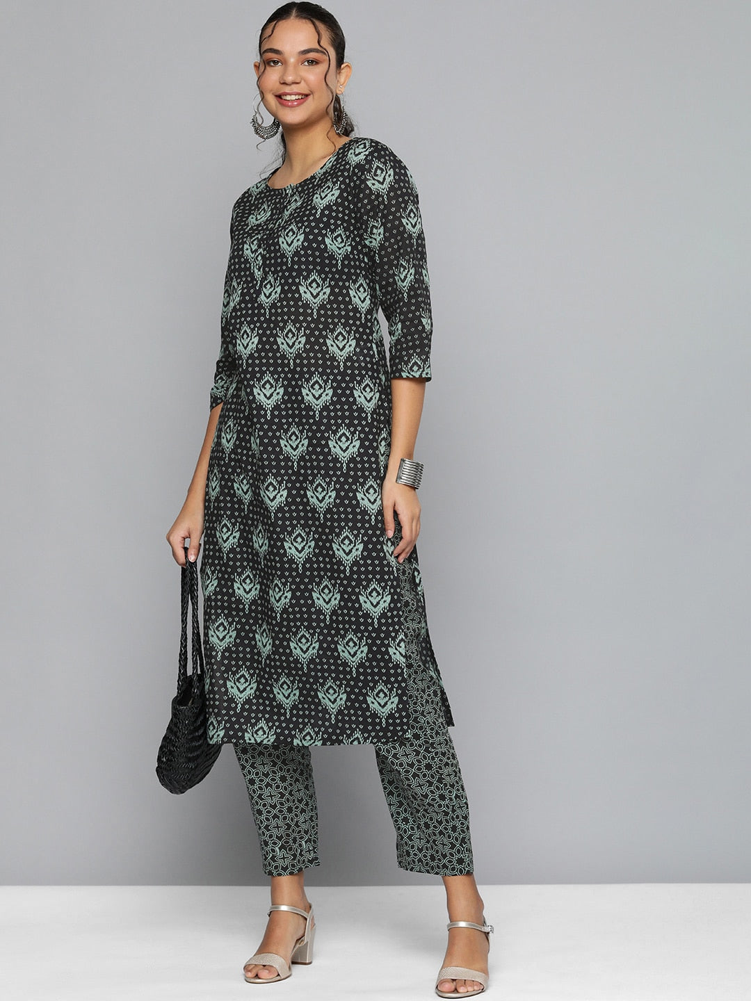 HERE&NOW Women Black & Green Printed Pure Cotton Kurta with Trousers | Grocsy