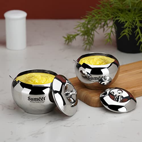 Sumeet Stainless Steel Ghee and Oil Pot, Storage Conrainer with Spoon for Kitchen, 7.5cm & 8.5cm Dia, 170ML & 230ML - Silver (Pack of 2) | Grocsy