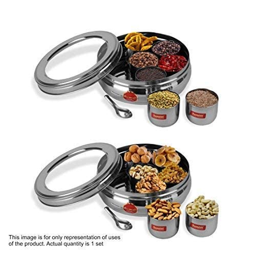 Sumeet Stainless Steel Belly Shape Masala (Spice) Box/Dabba/Organiser With See Through Lid With 7 Containers And Small Spoon (Small), Beige | Grocsy