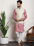 Sojanya Woven Design Mandarin Collar Kurta with Churidar & Nehru Jacket | Grocsy