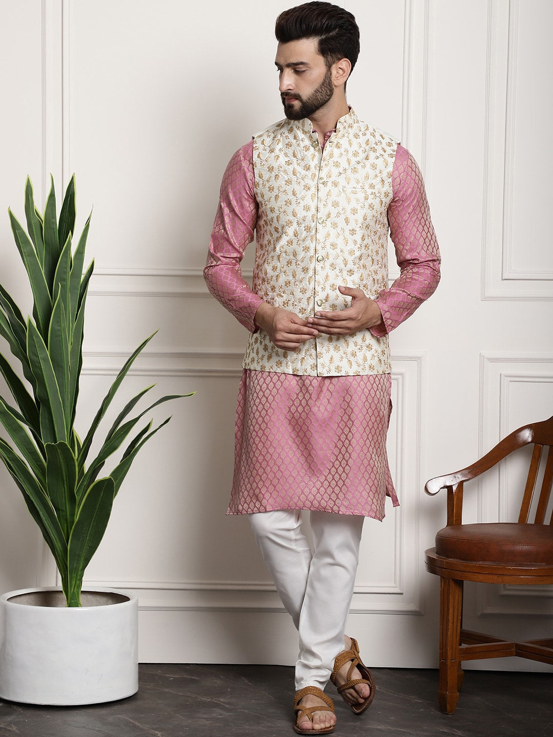 Sojanya Woven Design Mandarin Collar Kurta with Churidar & Nehru Jacket | Grocsy