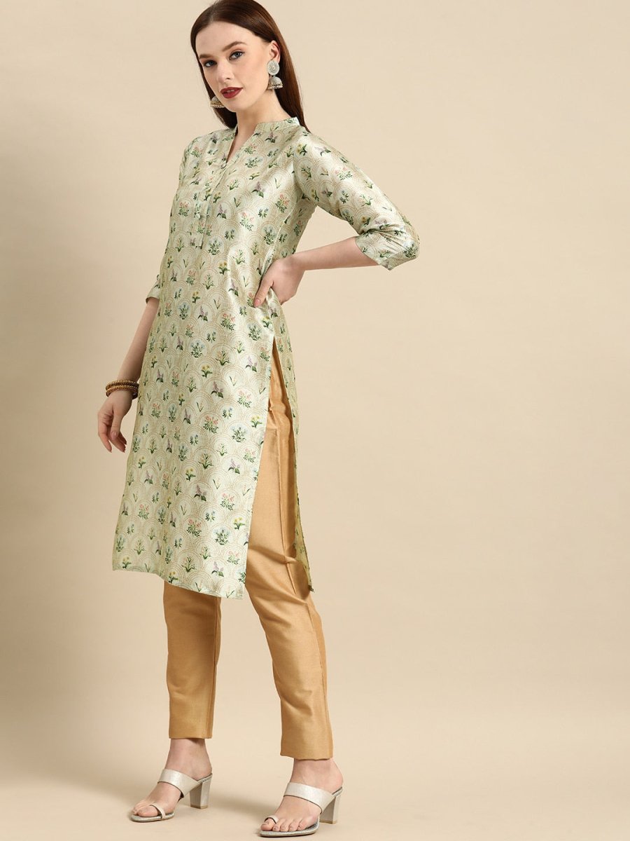 All About You Women Sea Green Floral Block Print Mandarin Collar Chanderi Silk Blend Kurta | Grocsy