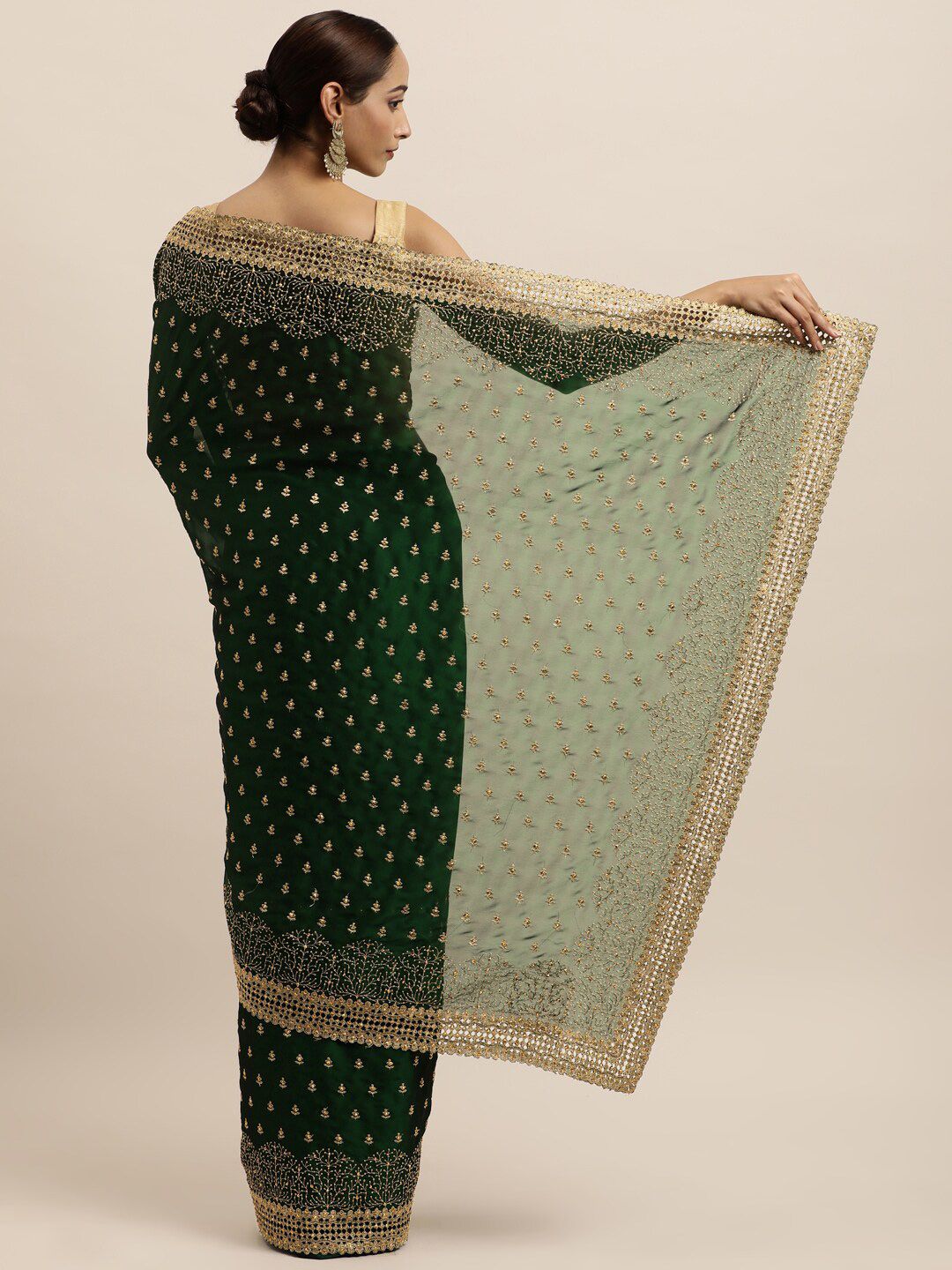 kasee Green & Gold-Toned Floral Embroidered Art Silk Saree | Grocsy