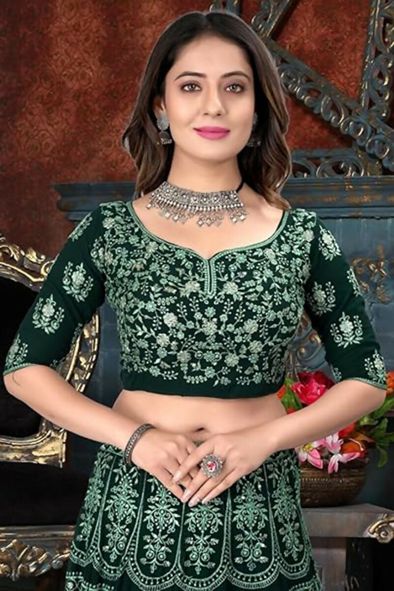 Jyoti Fashion Beautiful Bottle Green Faux Georgette 3MM Sequins with Thread & Jari Embroidery Lehenga Choli with Dupatta | Grocsy