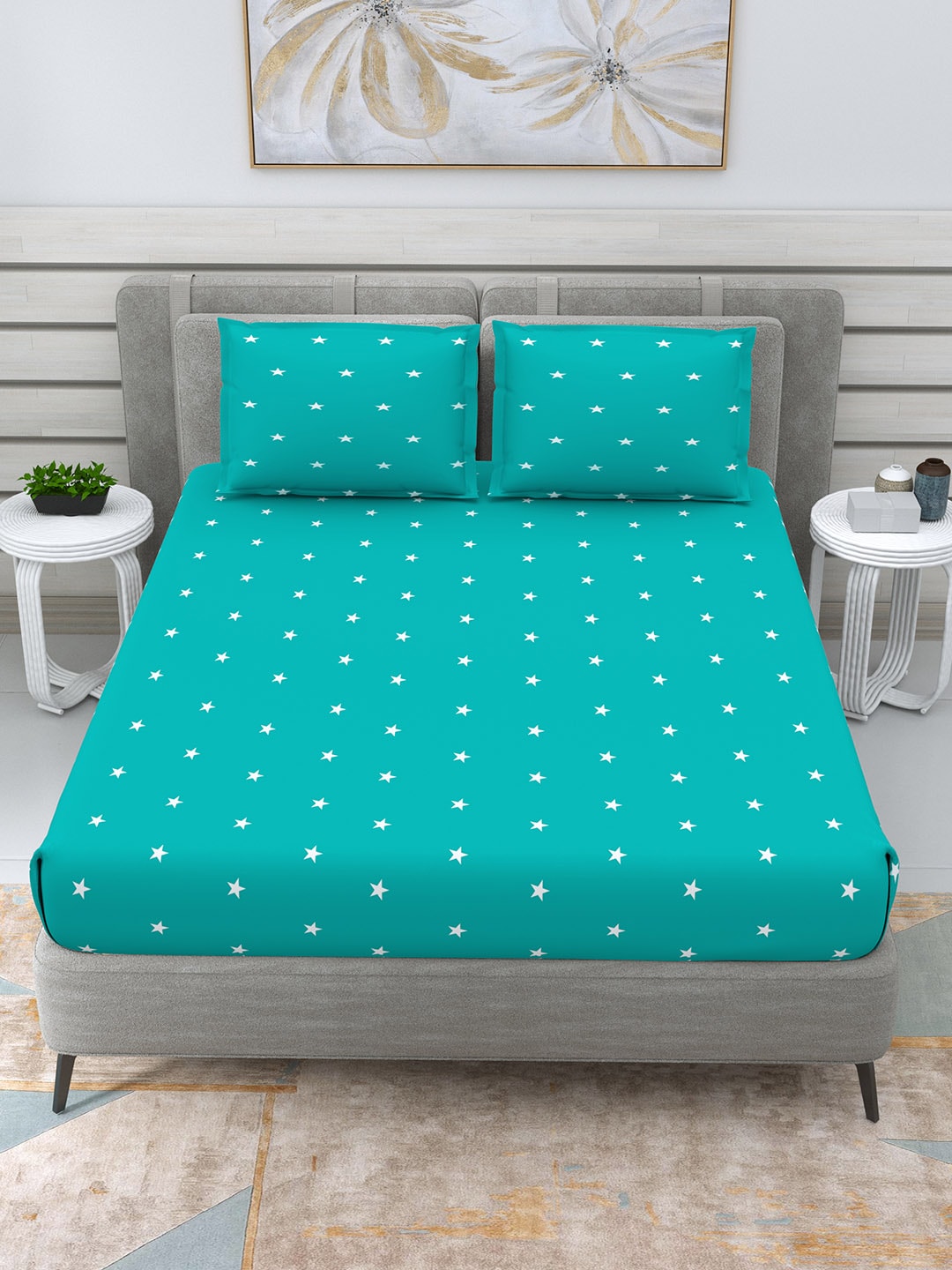 DREAM WEAVERZ Turquoise Blue & White 250 TC Pure Cotton King Bedsheet with 2 Pillow Covers | Grocsy