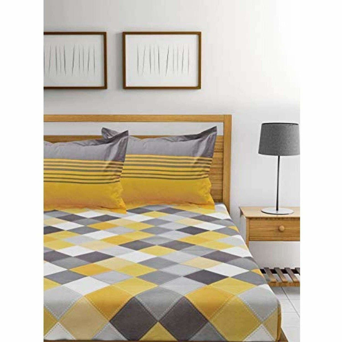 Cotton Double Bedsheet with 2 Pillow Covers - Yellow and Grey | Grocsy
