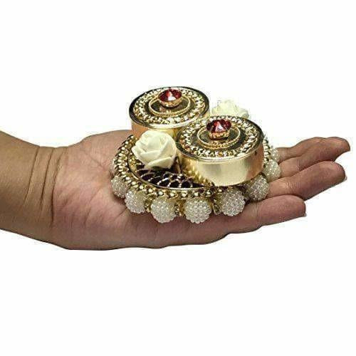 Haldi Kumkum Box Elegant with Lids - Decorated with Flowers - Colored Crystals | Grocsy