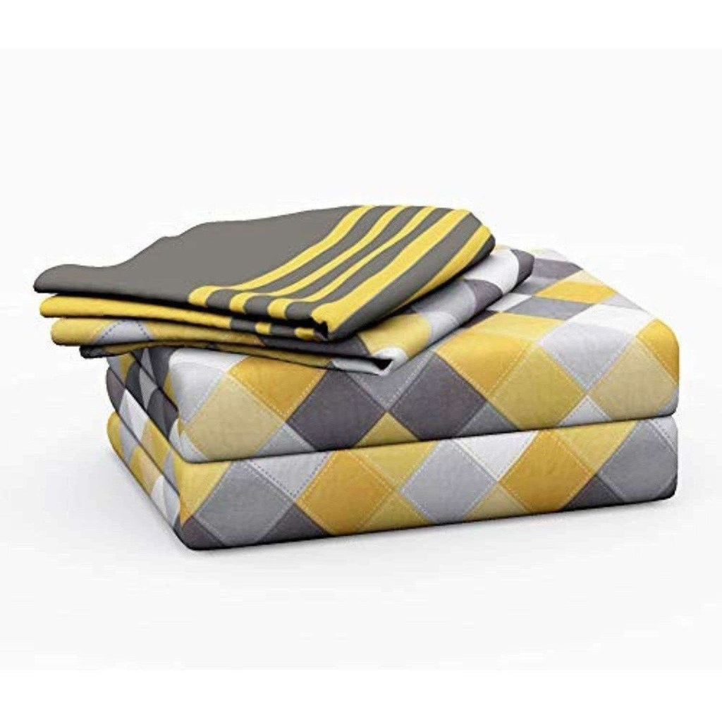 Cotton Double Bedsheet with 2 Pillow Covers - Yellow and Grey | Grocsy