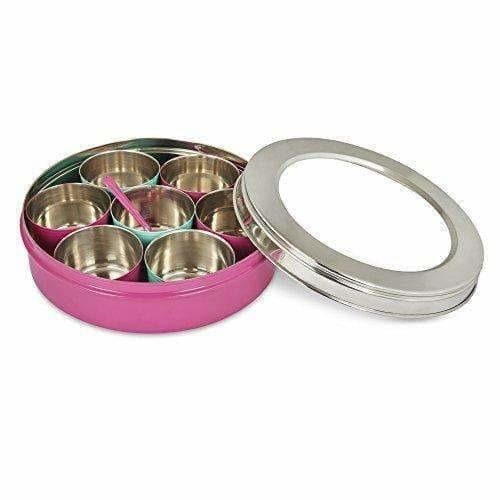 Stainless Steel Made Masala Box Spice Box Masala Dabba Container With Glass Lid 7 Compartments With 1 Spoon | Grocsy